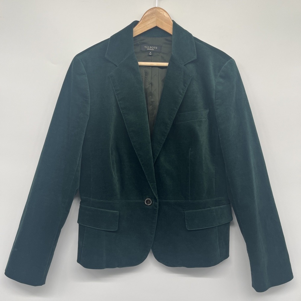 Talbots Women's Velvet Blazer Emerald Green Satin Lined Jacket Elegant Sz 12